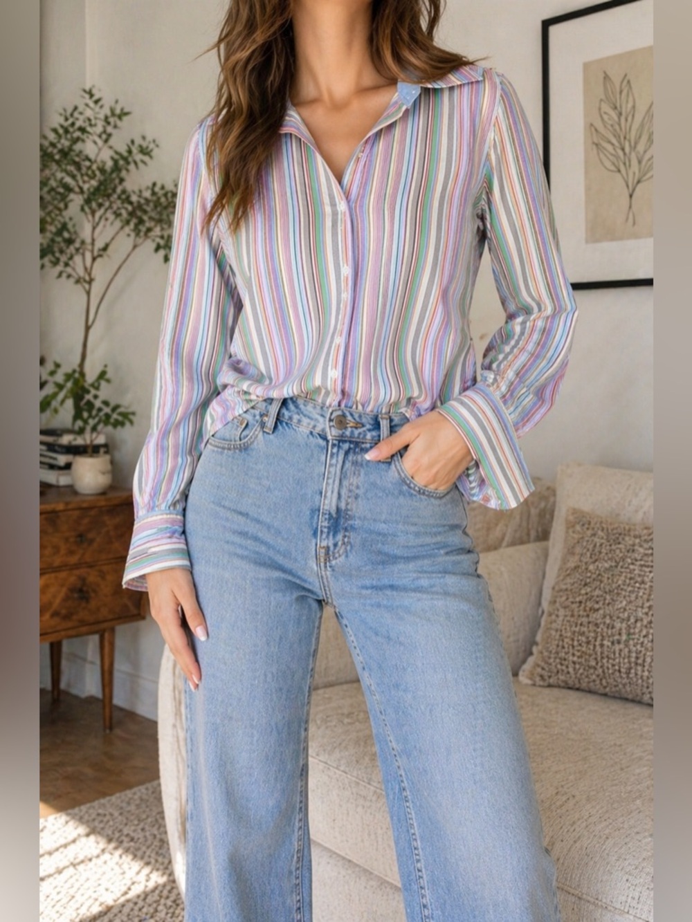 Tommy Hilfiger Women’s Long Sleeve Striped Colorful Button Down Blouse Size XL